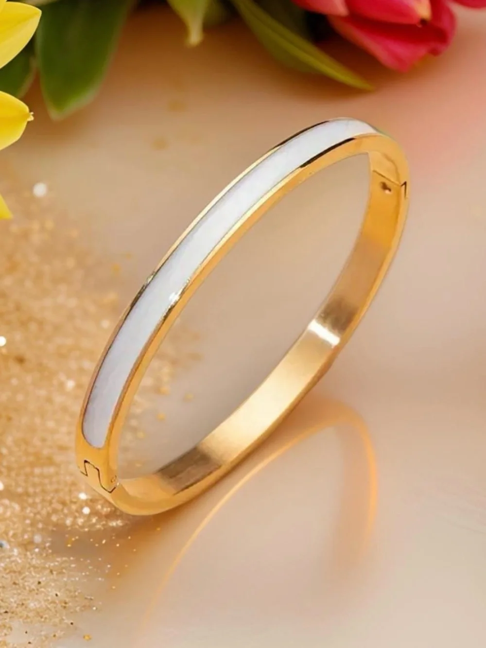 Gold and White Enamel Women's Bangle Bracelet
